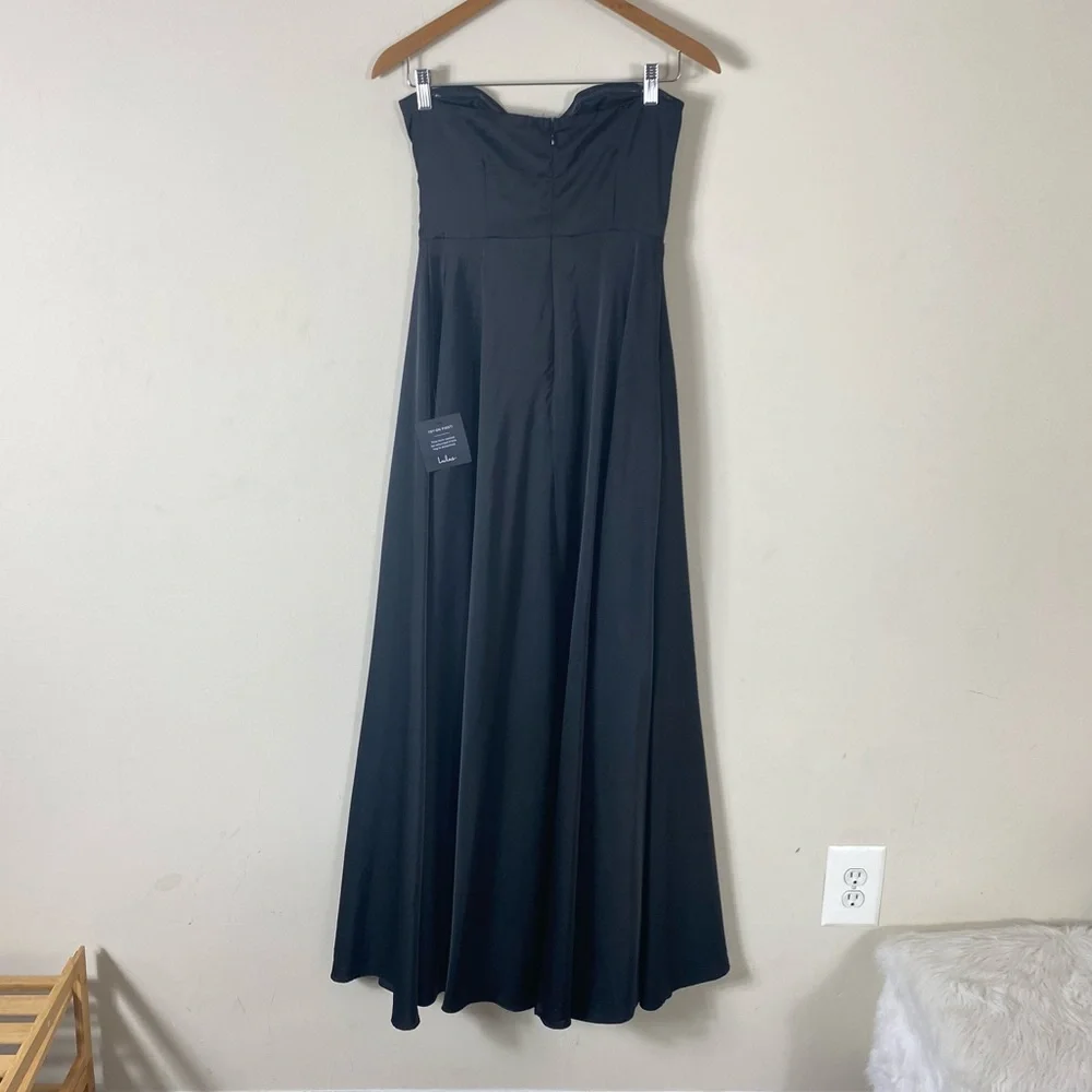 NEW Lulu’s Upscale Poise Black Satin Bow Strapless Maxi Dress Black
